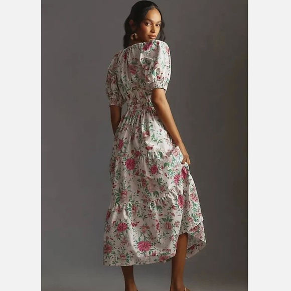 Anthropologie Somerset Maxi Dress M Pink Floral Smocked Puff Cottagecore Boho - Picture 2 of 9